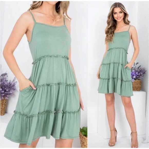 1 LEFT! Military Green Ruffle Tiered Flowy Women’s Cute Pocket Dress - Picture 3 of 5